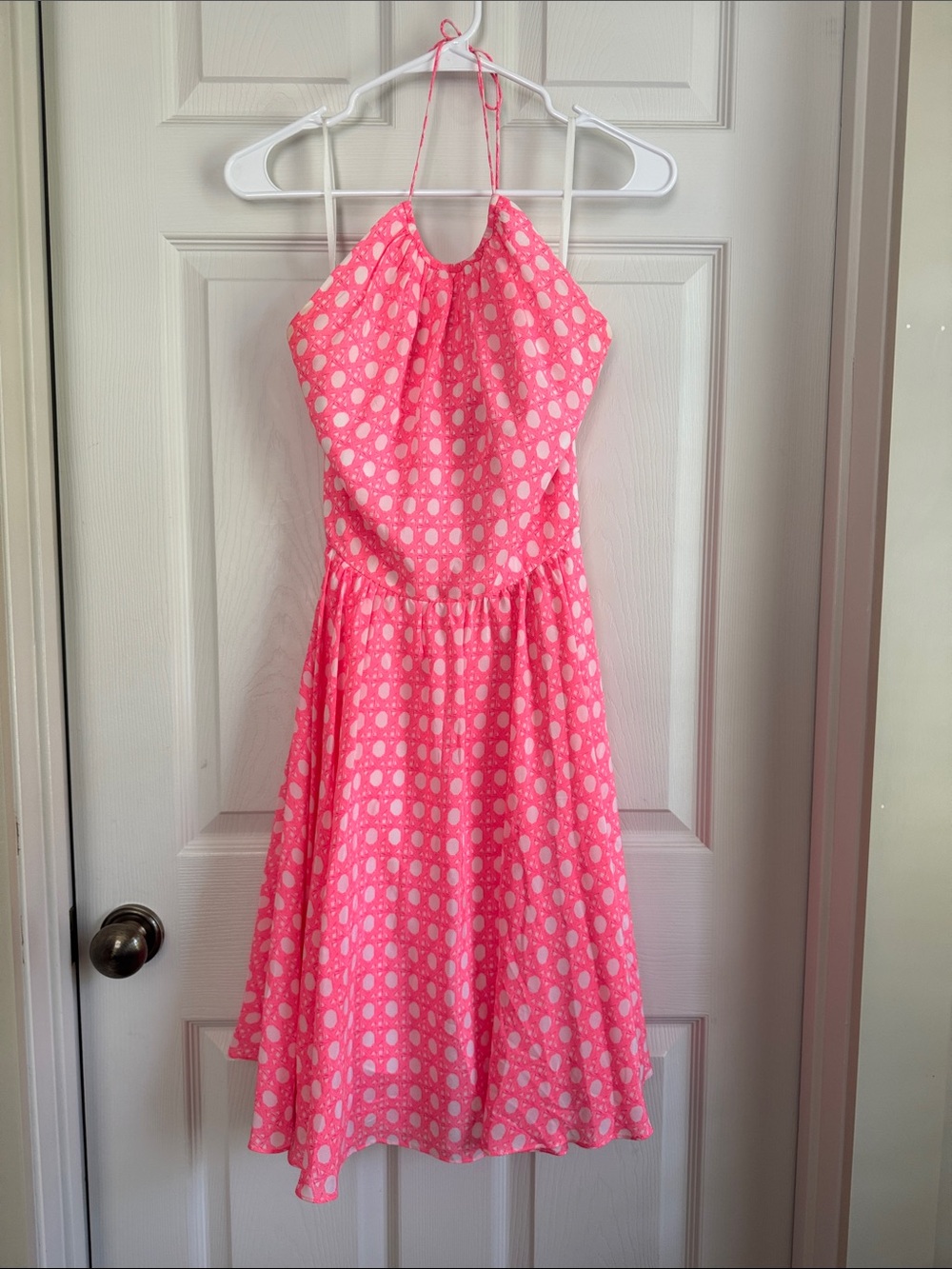 Vineyard Vines Pink White Caning Print Silk Halter Dress